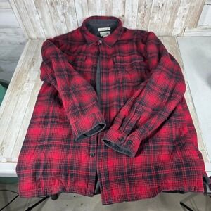LL Bean Flannel Shirt Jacket Fleece Lined Button Up Red Black‎ Plaid L-Tall